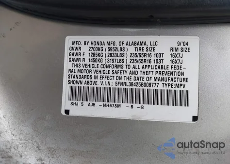 2005 Honda Odyssey Ex из США, поврежденный, VIN 5FNRL38425B008777